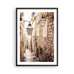 Poster în ramă neagră - O stradă fermecătoare din piatră, cu felinare și scări - 50x70cm - O străduță fermecătoare - Decorațiune modernă pentru perete pentru living și dormitor ARTTOR