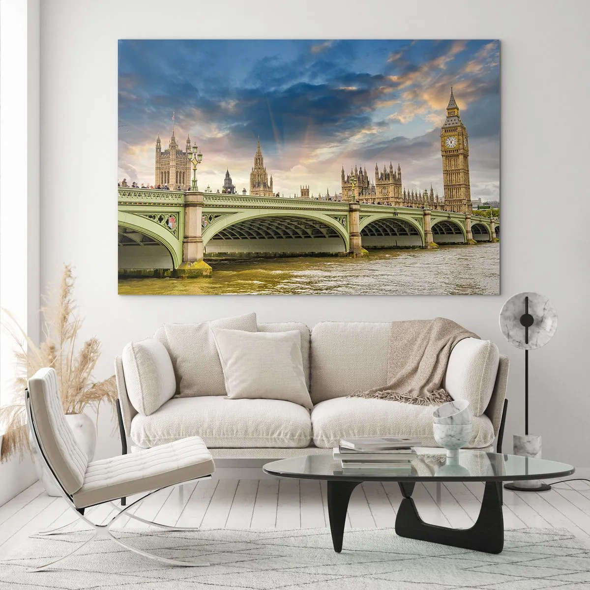 Tablou pe sticlă - Big Ben și Podul Westminster la apus - 70x50cm - Timpul s-a oprit în Imperiu - Decorațiune modernă pentru perete pentru living și dormitor ARTTOR