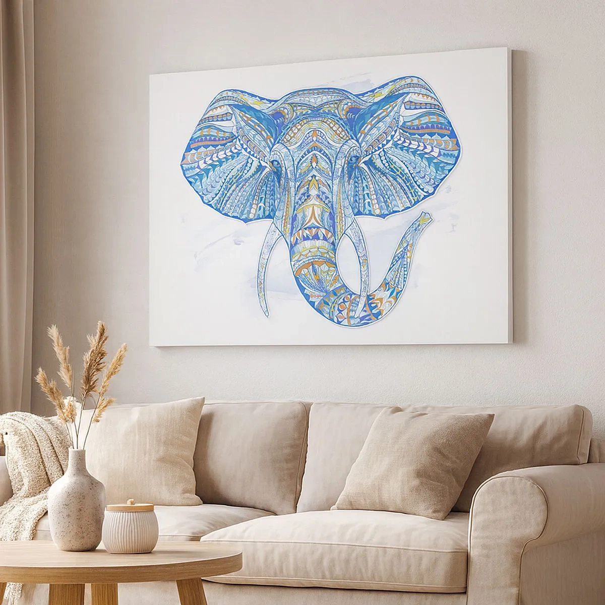 Tablou pe pânză Canvas - Elefant geometric în nuanțe de albastru și auriu - 70x50cm - Incrustat cu aur și albastru - Decorațiune modernă pentru perete pentru living și dormitor ARTTOR