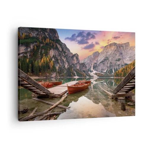 Tablou pe pânză Canvas - Lac de munte cu bărci la apus - 70x50cm - Promisiunea zilei - Decorațiune modernă pentru perete pentru living și dormitor ARTTOR