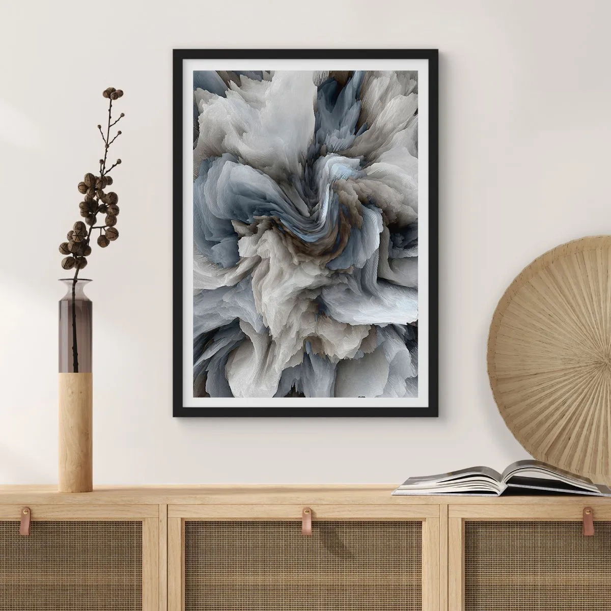 Poster în ramă neagră - O explozie abstractă de culori în nuanțe de gri și albastru. - 50x70cm - Piatră și floare - Decorațiune modernă pentru perete pentru living și dormitor ARTTOR