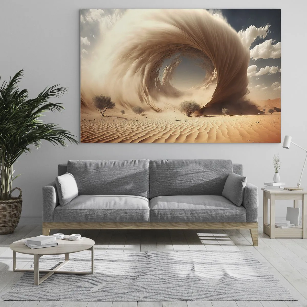 Tablou pe sticlă - Un vârtej de nisip din deșert creează un portal din cer și dune. - 70x50cm - Portal deschis - Decorațiune modernă pentru perete pentru living și dormitor ARTTOR