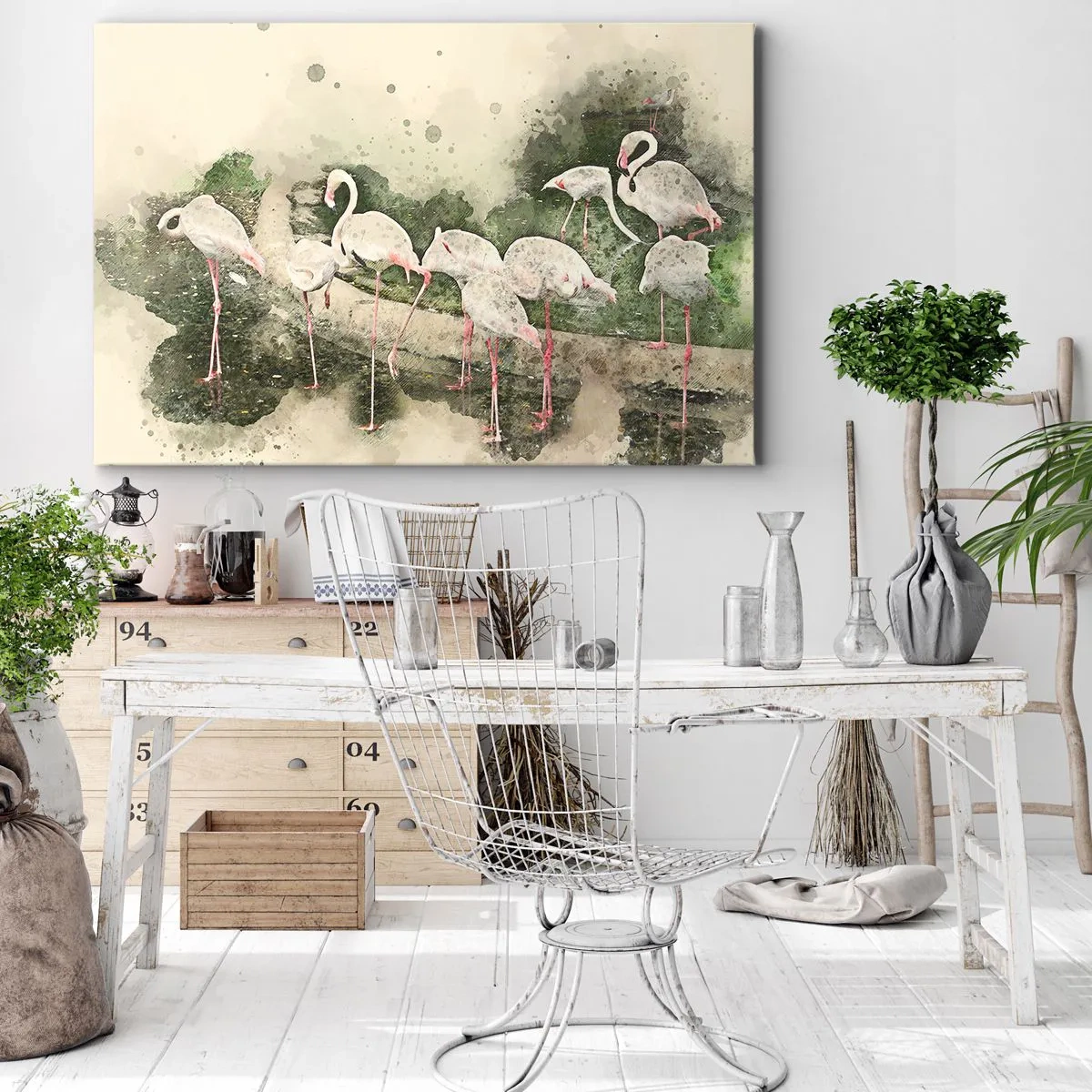 Tablou pe pânză Canvas - Flamingo în mediul lor natural, în stil acuarelă - 70x50cm - Un vis exotic - Decorațiune modernă pentru perete pentru living și dormitor ARTTOR