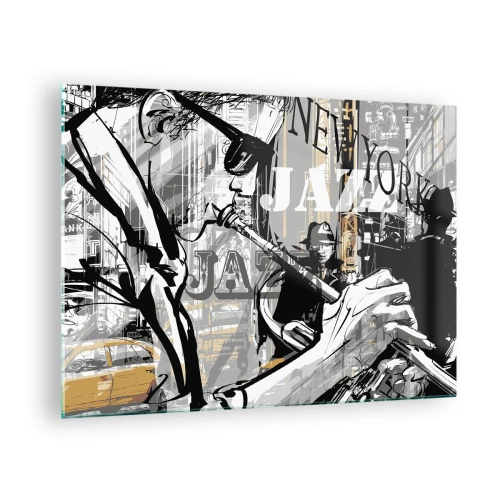 Tablou pe sticlă - Un desen elegant al unui muzician de jazz cântând la trompetă într-un cadru newyorkez. - 70x50cm - În ritmul New York-ului - Decorațiune modernă pentru perete pentru living și dormitor ARTTOR