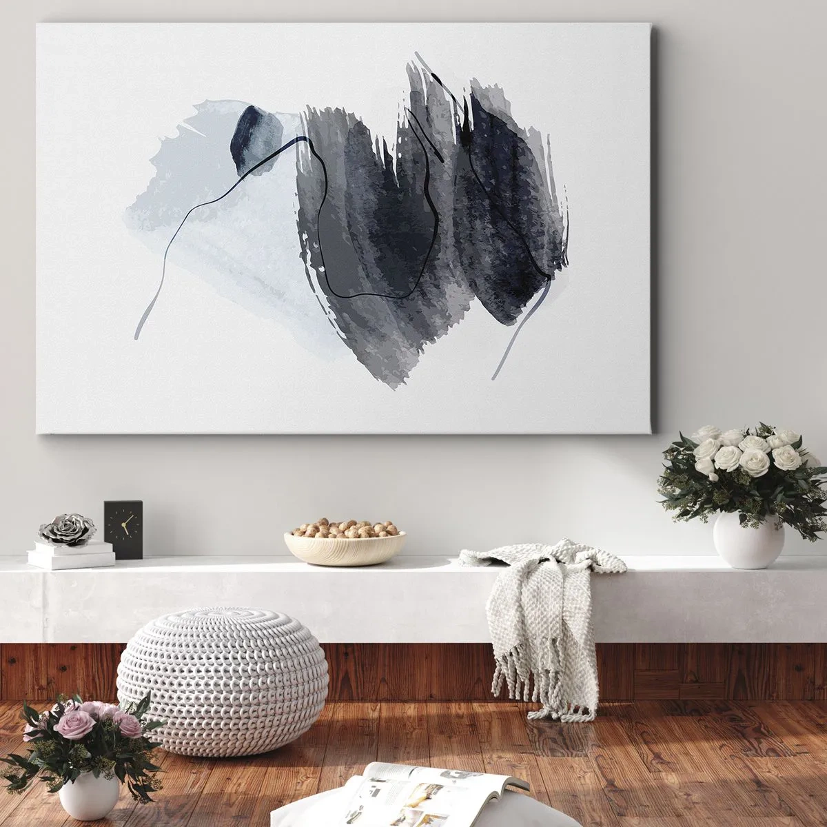 Tablou pe pânză Canvas - Compoziție abstractă în nuanțe de gri și albastru - 70x50cm - Intensitate și mișcare - Decorațiune modernă pentru perete pentru living și dormitor ARTTOR