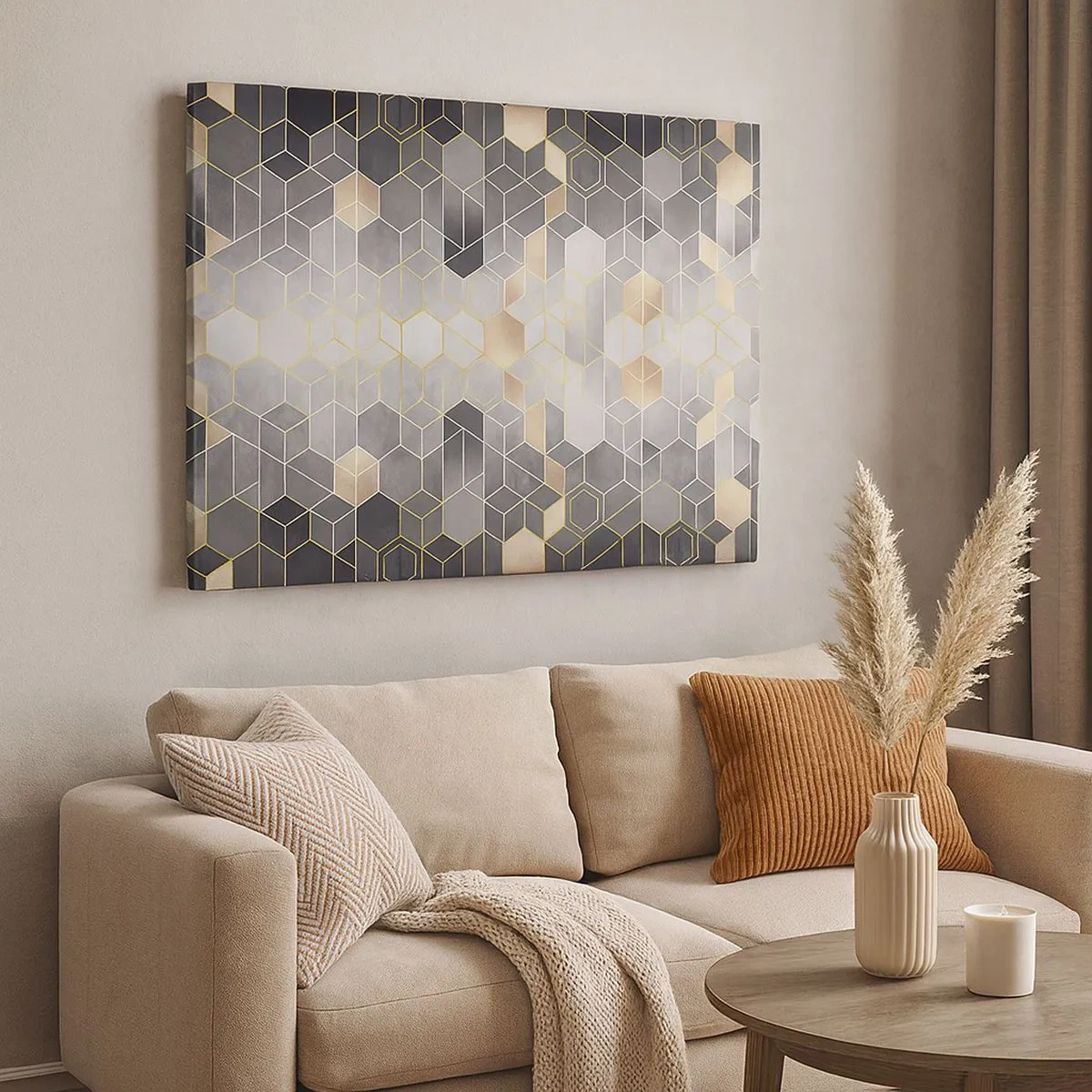 Tablou pe pânză Canvas - Model geometric în nuanțe aurii - 70x50cm - Compoziție diamantată - Decorațiune modernă pentru perete pentru living și dormitor ARTTOR