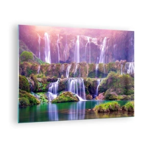 Tablou pe sticlă - Cascade pitorești care curg pe stânci verzi la apus - 70x50cm - Scara către cer - Decorațiune modernă pentru perete pentru living și dormitor ARTTOR