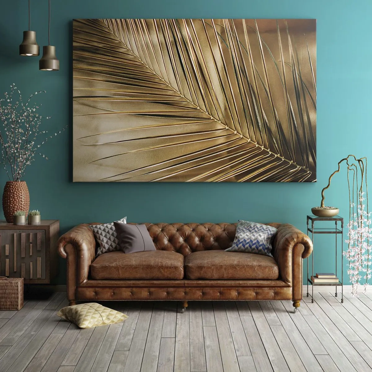 Tablou pe pânză Canvas - Frunză de palmier aurie pe un fundal solid - 70x50cm - Colonadă naturală - Decorațiune modernă pentru perete pentru living și dormitor ARTTOR