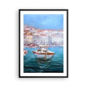 Poster în ramă neagră - O barcă în port, cu vedere asupra orașului - 50x70cm - Golful italian - Decorațiune modernă pentru perete pentru living și dormitor ARTTOR