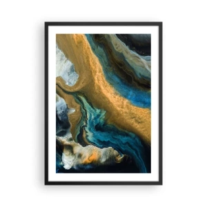 Poster în ramă neagră - O compoziție abstractă în nuanțe de auriu și albastru. - 50x70cm - Albastru - galben - influență reciprocă - Decorațiune modernă pentru perete pentru living și dormitor ARTTOR