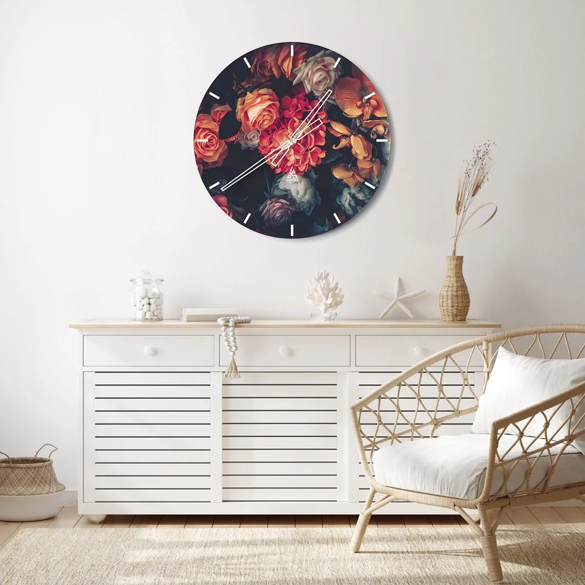Ceas de perete - Ceas pe sticlă - Aranjament floral în stil baroc pe fundal închis - 30x30cm - Ca la maeștri olandezi - Decorațiune modernă pentru perete pentru living, bucătărie și dormitor ARTTOR