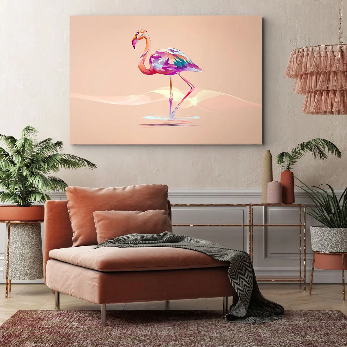 Tablou pe pânză Canvas - Un flamingo abstract în culori pastelate deschise. - 70x50cm - Pasăre de emoție bună - Decorațiune modernă pentru perete pentru living și dormitor ARTTOR