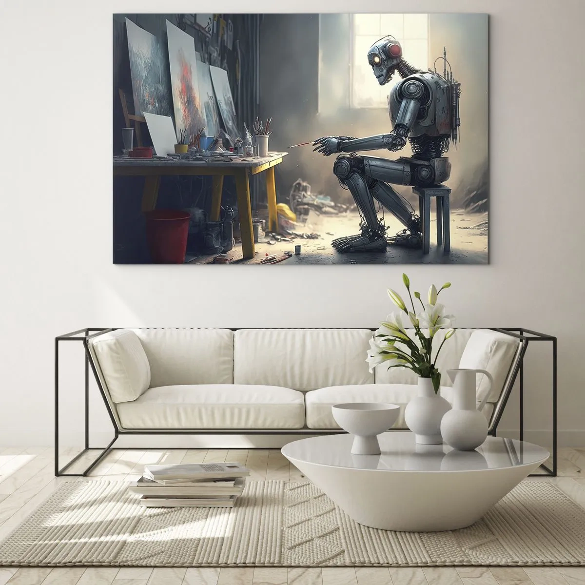 Tablou pe sticlă - Un robot pictează tablouri într-un studio de artă - 70x50cm - Actul de creație - Decorațiune modernă pentru perete pentru living și dormitor ARTTOR
