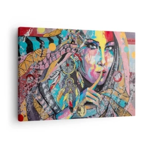 Tablou pe pânză Canvas - Față feminină colorată în stil artistic - 70x50cm - Taci până când înțelegi - Decorațiune modernă pentru perete pentru living și dormitor ARTTOR