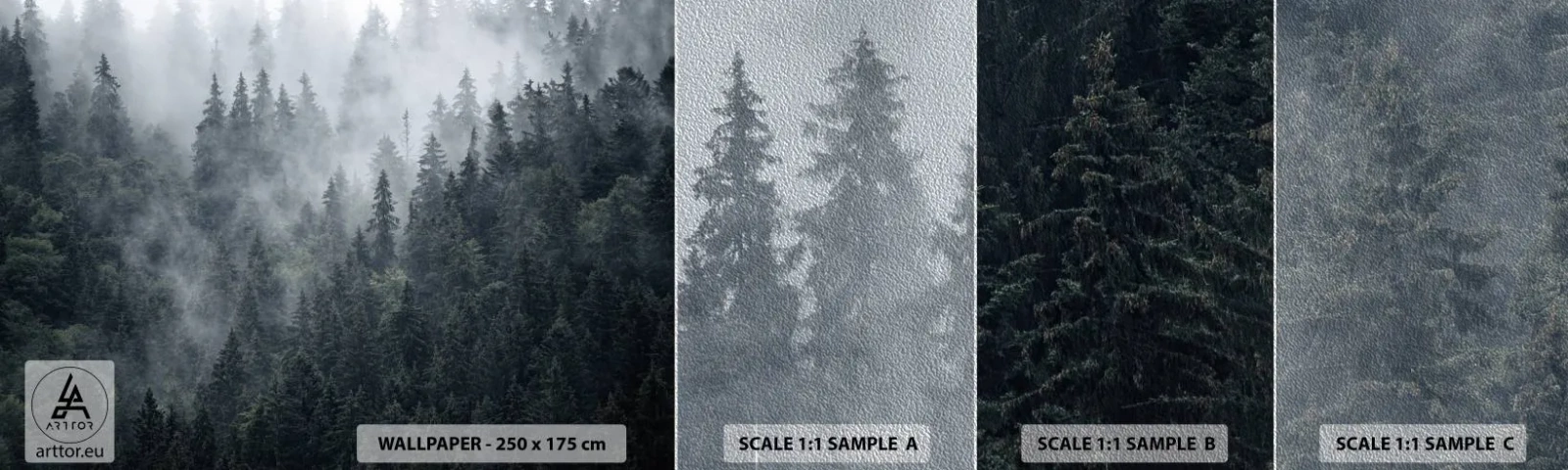 Mostră tapet Premium Sand - Zori de pădure - Peisaj, pădure, Natură - 100x30 cm