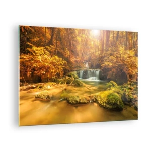Tablou pe sticlă - Cascadă de pădure aurie - 70x50cm - Cascadă de pădure în aur - Decorațiune modernă pentru perete pentru living și dormitor ARTTOR