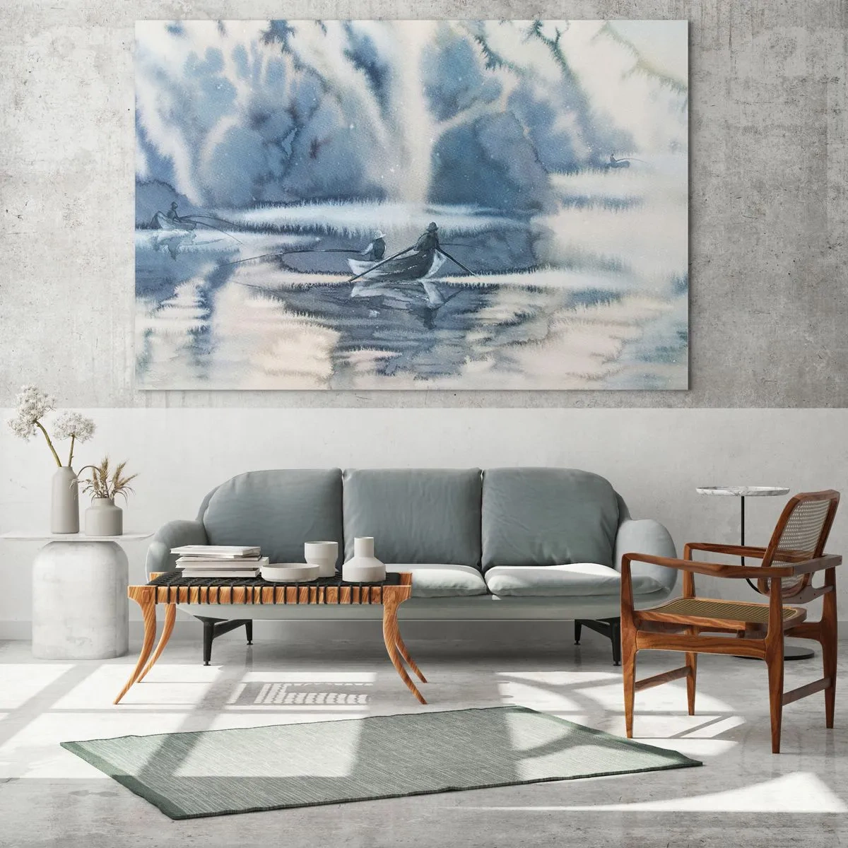 Tablou pe sticlă - Doi pescari pe o barcă înconjurați de un peisaj cețos - 70x50cm - Pescarii în paradisul lor - Decorațiune modernă pentru perete pentru living și dormitor ARTTOR