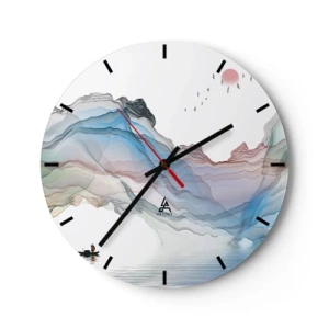Ceas de perete - Ceas pe sticlă - Munți colorați, eterici, cu o barcă la suprafața apei - 30x30cm - Spre munții de cristal - Decorațiune modernă pentru perete pentru living, bucătărie și dormitor ARTTOR