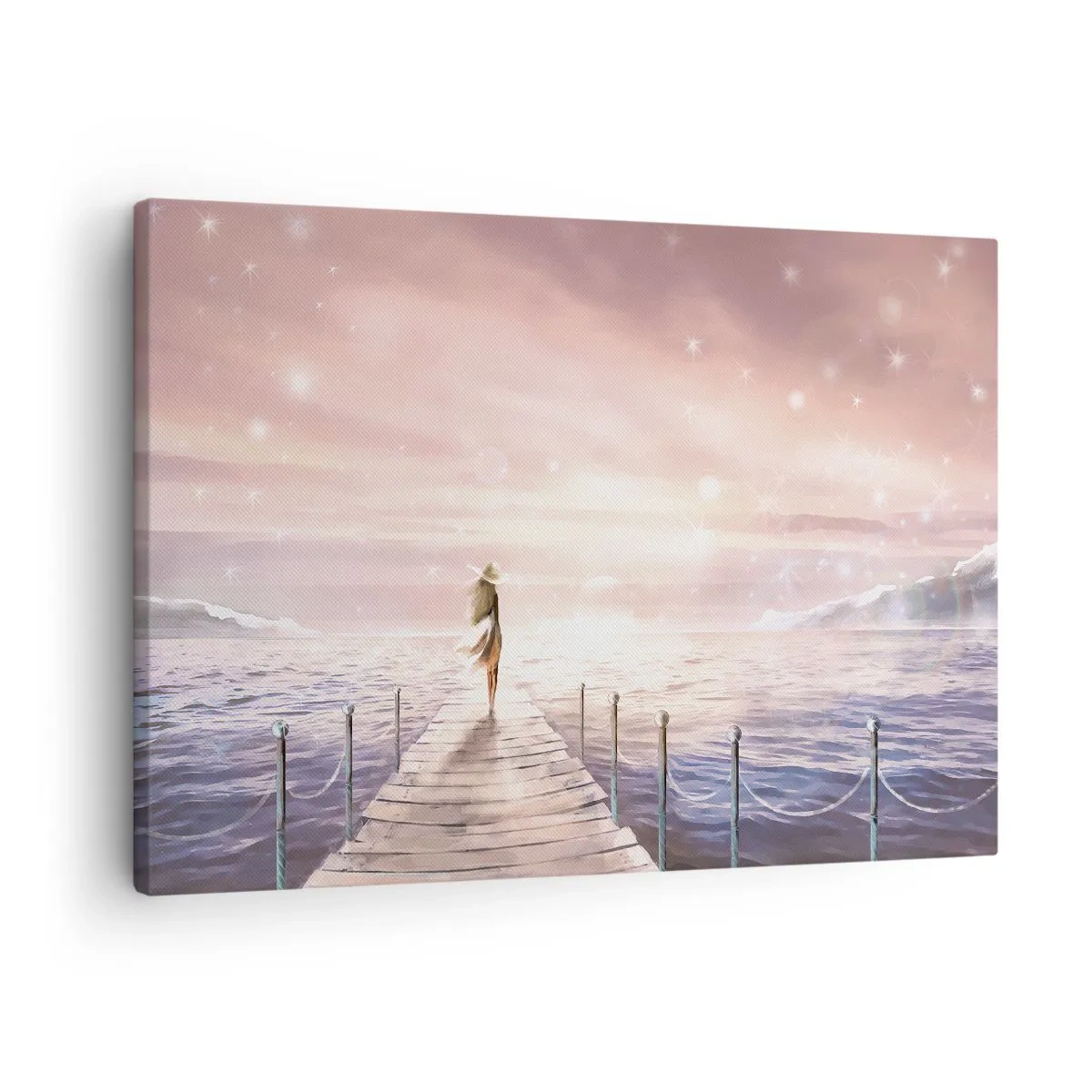 Tablou pe pânză Canvas - O femeie pe un dig într-un apus de soare magic - 70x50cm - În lumina unui vis - Decorațiune modernă pentru perete pentru living și dormitor ARTTOR