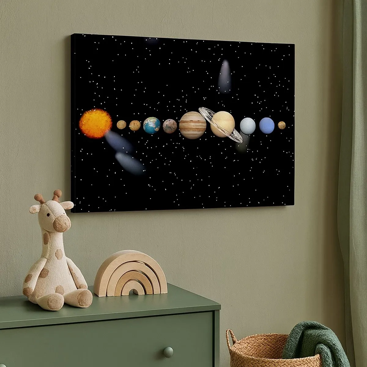 Tablou pe pânză Canvas - Sistemul solar cu planete pe fundalul stelelor în spațiu - 70x50cm - Și planetele o iau razna, o iau razna... - Decorațiune modernă pentru perete pentru living și dormitor ARTTOR