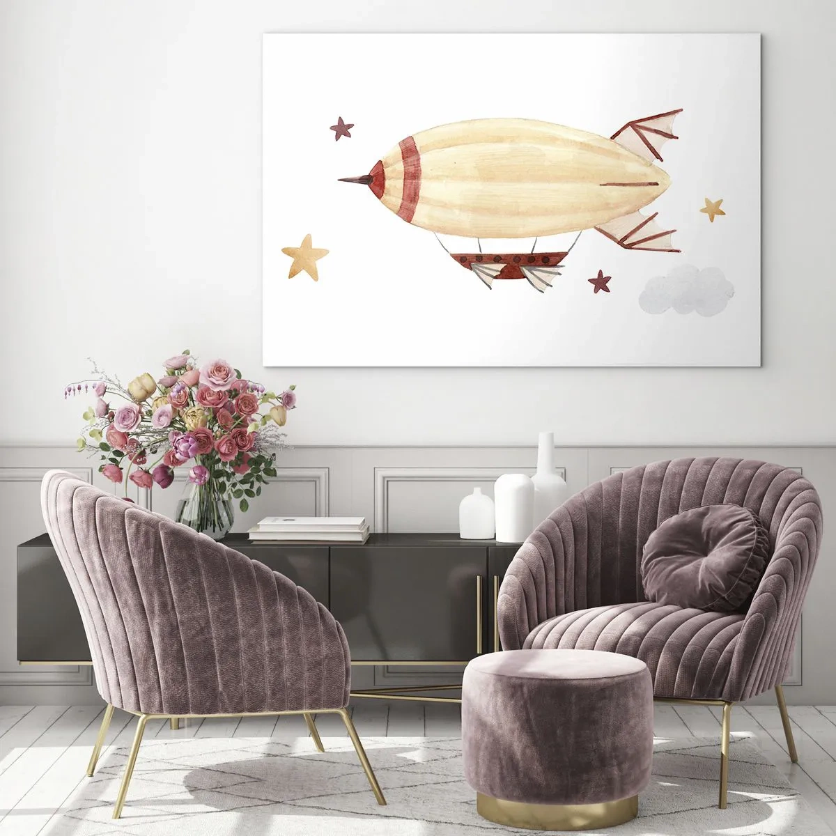 Tablou pe sticlă - Un dirijabil de desene animate printre stele pe un fundal alb - 70x50cm - Aeronava - Decorațiune modernă pentru perete pentru living și dormitor ARTTOR