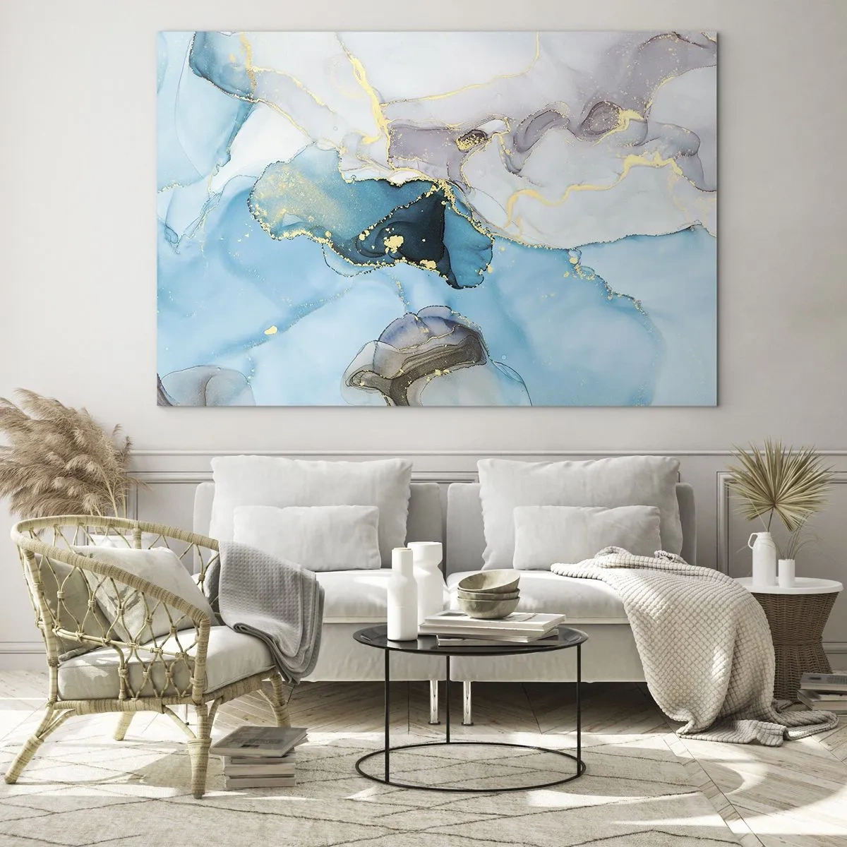 Tablou pe sticlă - Un studiu al întâlnirii dintre gri și turcoaz - 100x70 cm