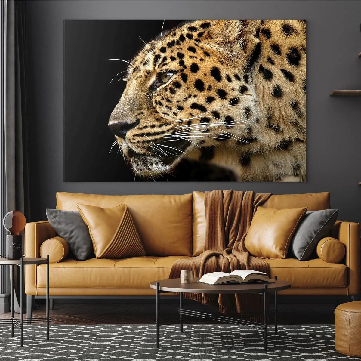 Tablou pe sticlă - Profilul unui leopard pe fundal negru - 70x50cm - Calm, concentrat, pregătit - Decorațiune modernă pentru perete pentru living și dormitor ARTTOR