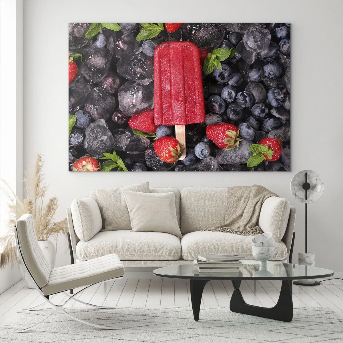 Tablou pe sticlă - Un băț de gheață printre fructe congelate și frunze de mentă - 70x50cm - Umbra unei veri fierbinți - Decorațiune modernă pentru perete pentru living și dormitor ARTTOR