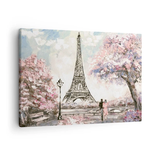Tablou pe pânză Canvas - Turnul Eiffel înconjurat de copaci înfloriți - 70x50cm - Plimbare în aprilie la Paris - Decorațiune modernă pentru perete pentru living și dormitor ARTTOR