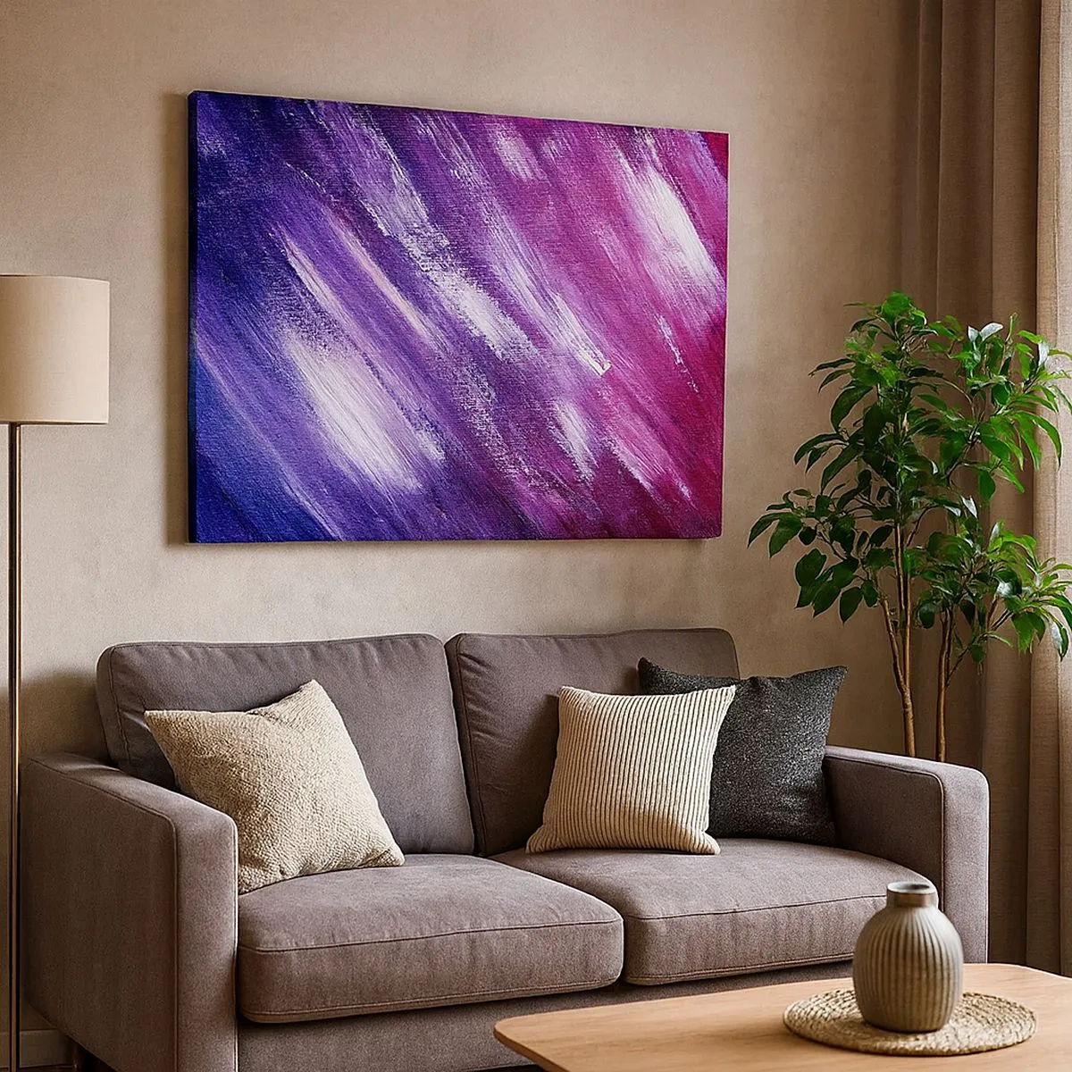Tablou pe pânză Canvas - Pensule abstracte în nuanțe de violet și roz - 70x50cm - Când bate vântul însorit - Decorațiune modernă pentru perete pentru living și dormitor ARTTOR