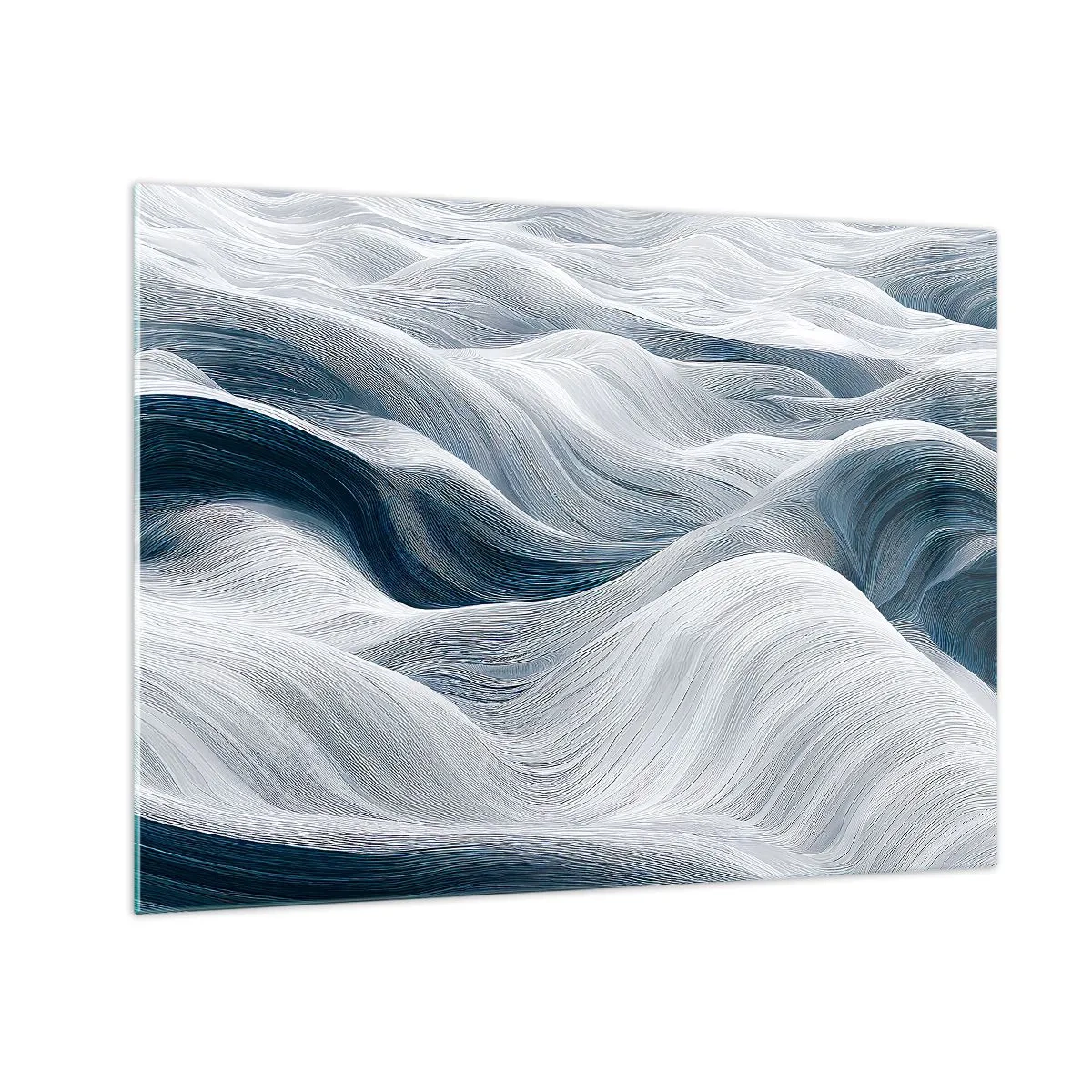 Tablou pe sticlă - Valuri abstracte în nuanțe de alb și albastru, creând un efect de mișcare - 70x50cm - Valuri albastre și albe - Decorațiune modernă pentru perete pentru living și dormitor ARTTOR