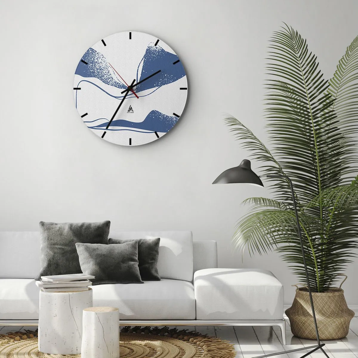 Ceas de perete - Ceas pe sticlă - Abstracție grafică cu aripi albastre pe fundal alb - 30x30cm - Abstracție înaripată - Decorațiune modernă pentru perete pentru living, bucătărie și dormitor ARTTOR