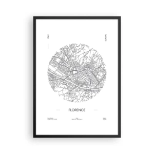 Poster în ramă neagră - O hartă minimalistă a Florenței, în alb și negru. - 50x70cm - Anatomia Florenței - Decorațiune modernă pentru perete pentru living și dormitor ARTTOR