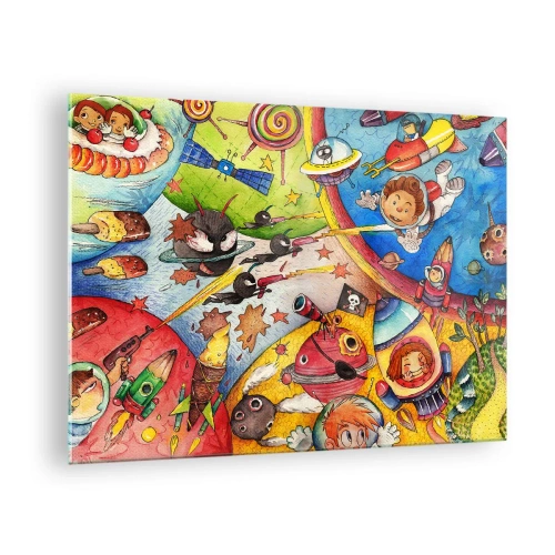 Tablou pe sticlă - O ilustrație colorată a unei aventuri spațiale pentru copii - 70x50cm - O mare aventură spațială - Decorațiune modernă pentru perete pentru living și dormitor ARTTOR