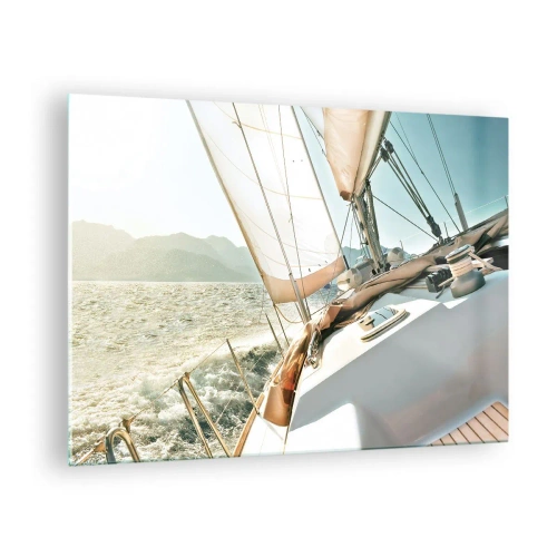 Tablou pe sticlă - Un iaht cu pânze pe fundalul munților și al cerului albastru - 70x50cm - Pânzele umflate de vânt - Decorațiune modernă pentru perete pentru living și dormitor ARTTOR