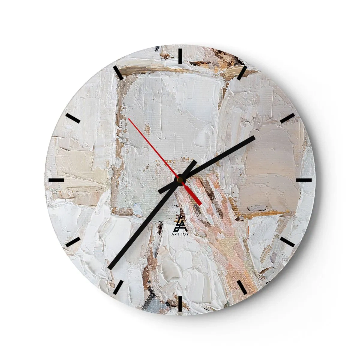 Ceas de perete - Ceas pe sticlă - O compoziție picturală texturată în culori bej și alb - 30x30cm - Într-o altă lume - Decorațiune modernă pentru perete pentru living, bucătărie și dormitor ARTTOR