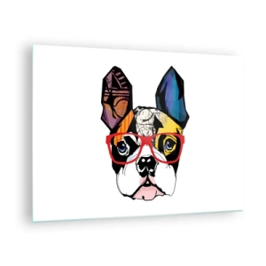 Tablou pe sticlă - Bulldog purtând ochelari colorați pe fundal alb - 70x50cm - Intelectualist - Decorațiune modernă pentru perete pentru living și dormitor ARTTOR
