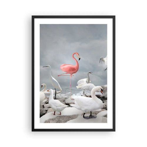 Poster în ramă neagră - Un flamingo roz înconjurat de păsări albe pe cer - 50x70cm - De unde am venit? - Decorațiune modernă pentru perete pentru living și dormitor ARTTOR