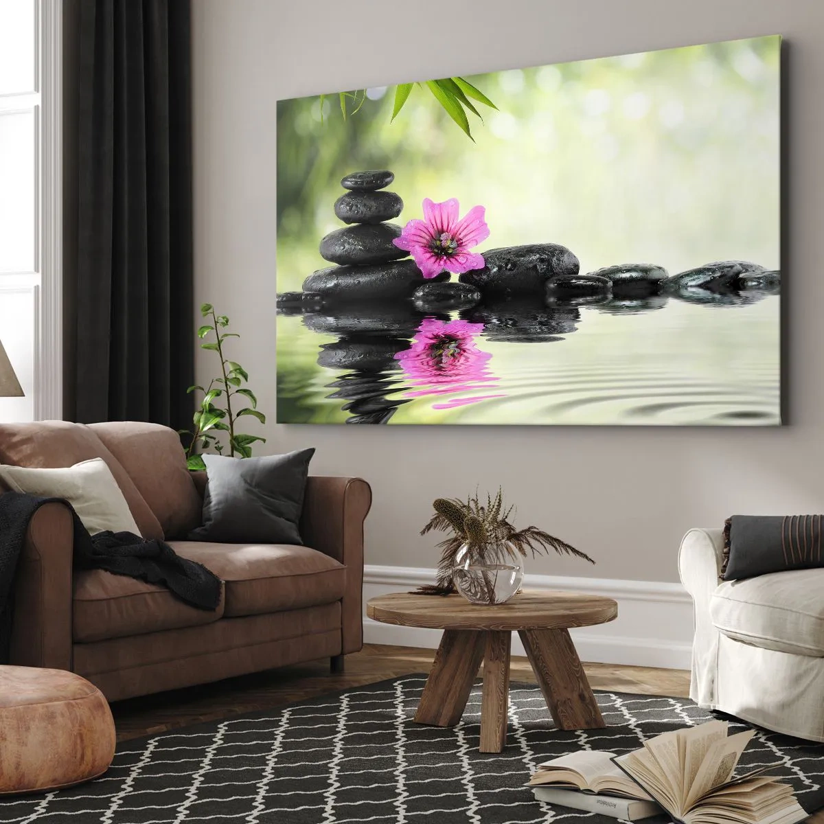 Tablou pe pânză Canvas - Pietre Zen și o floare roz reflectată în apă - 70x50cm - Timp pentru suflet - Decorațiune modernă pentru perete pentru living și dormitor ARTTOR