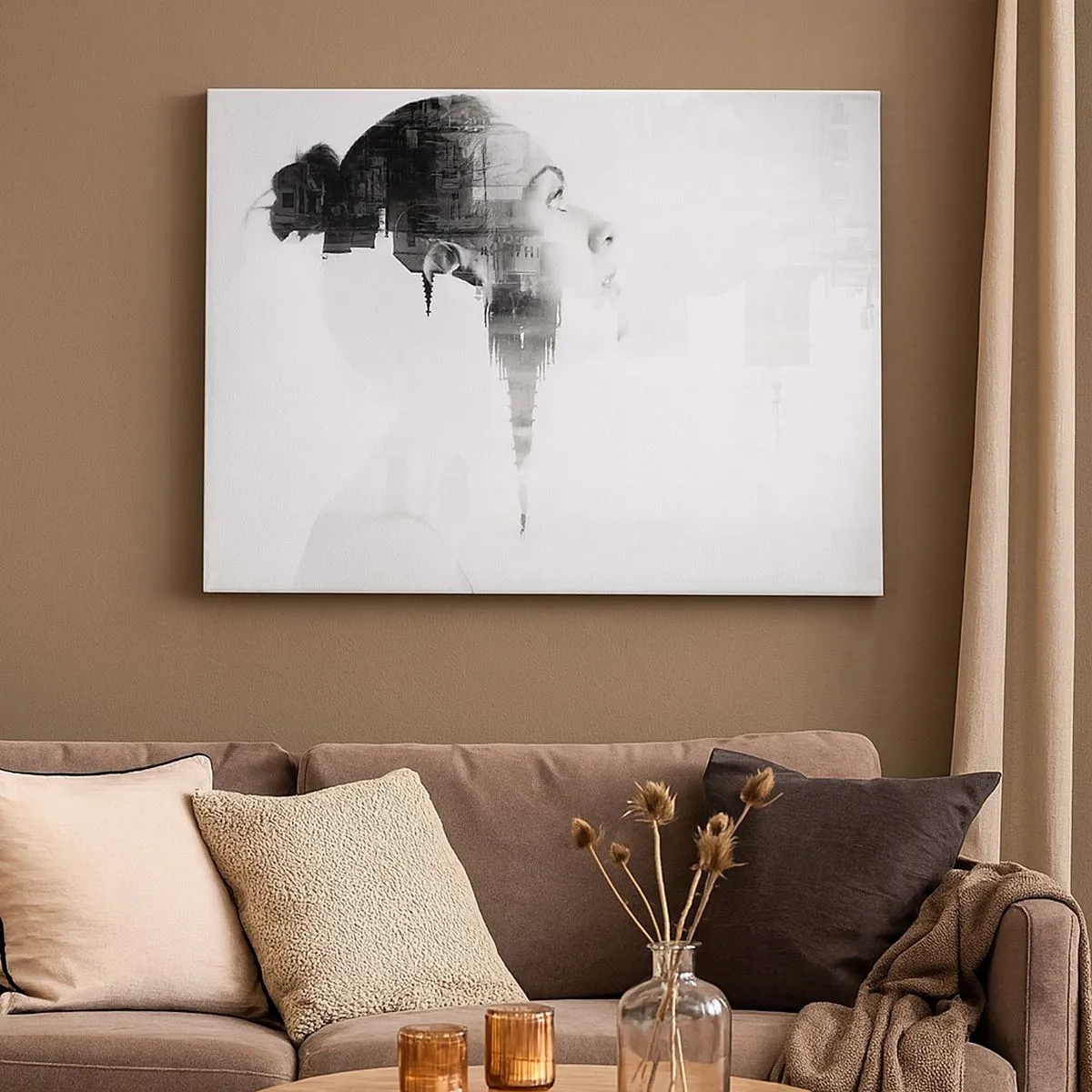 Tablou pe pânză Canvas - Portret de femeie cu conturul unui oraș în fundal, culori alb-negru - 70x50cm - Pe ambele părți ale geamului - Decorațiune modernă pentru perete pentru living și dormitor ARTTOR