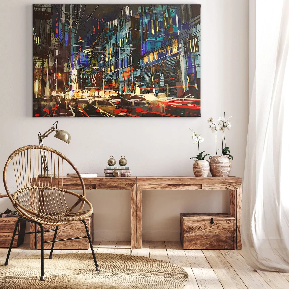 Tablou pe pânză Canvas - Scenă de noapte a orașului cu lumini neon - 70x50cm - Agitația de seară a străzii - Decorațiune modernă pentru perete pentru living și dormitor ARTTOR