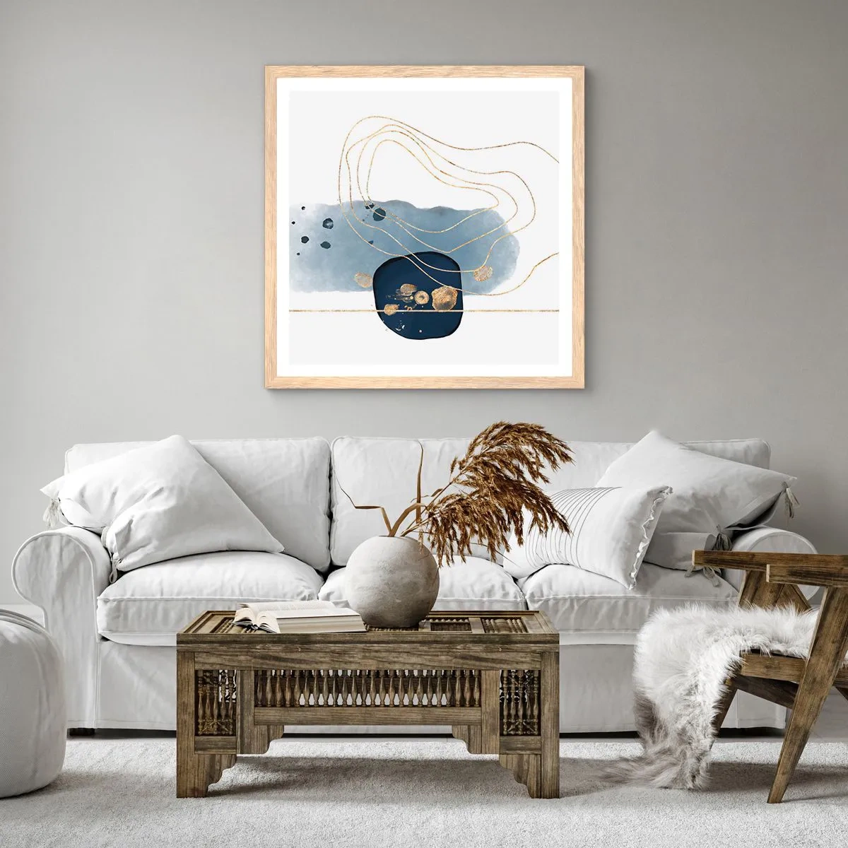 Poster în ramă de stejar deschis - Fantezie albastru-auriu - 60x60 cm