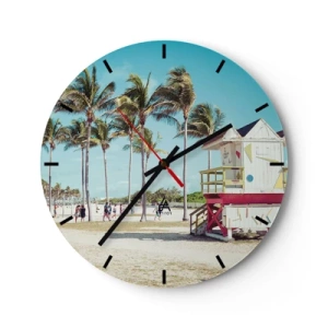Ceas de perete - Ceas pe sticlă - Miami Beach cu palmieri și o clădire colorată de salvamari - 30x30cm - O zi frumoasă te așteaptă - Decorațiune modernă pentru perete pentru living, bucătărie și dormitor ARTTOR