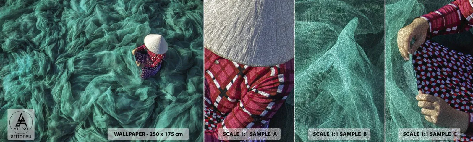 Mostră tapet Premium Sand - Într-o mare de rețea - Plasă de pescuit, Femeie, Vietnam - 100x30 cm