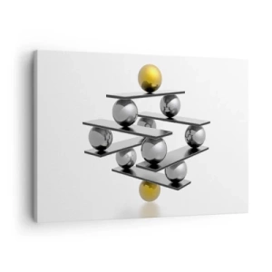 Tablou pe pânză Canvas - Compoziție geometrică cu bile metalice și accent auriu - 70x50cm - Balanța aur-argint - Decorațiune modernă pentru perete pentru living și dormitor ARTTOR