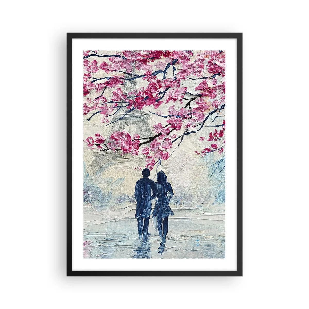 Poster în ramă neagră - Un cuplu sub ramuri înflorite într-un peisaj romantic - 50x70cm - Plimbare romantică - Decorațiune modernă pentru perete pentru living și dormitor ARTTOR