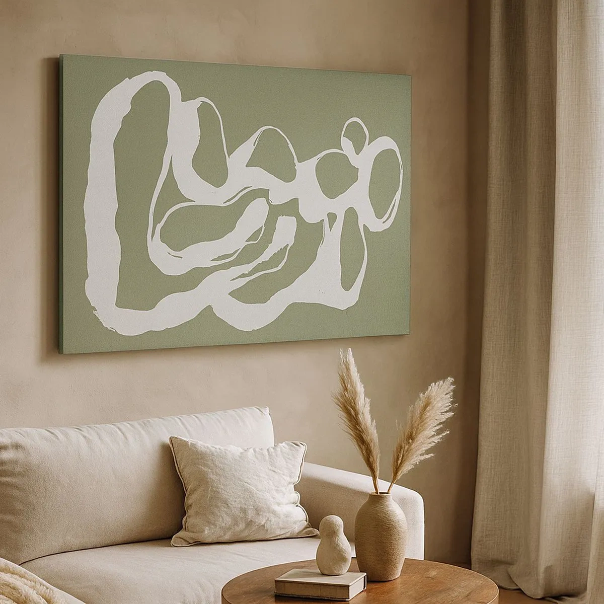 Tablou pe pânză Canvas - Forme organice în alb pe fundal verde - 70x50cm - Chemarea spațiului - Decorațiune modernă pentru perete pentru living și dormitor ARTTOR