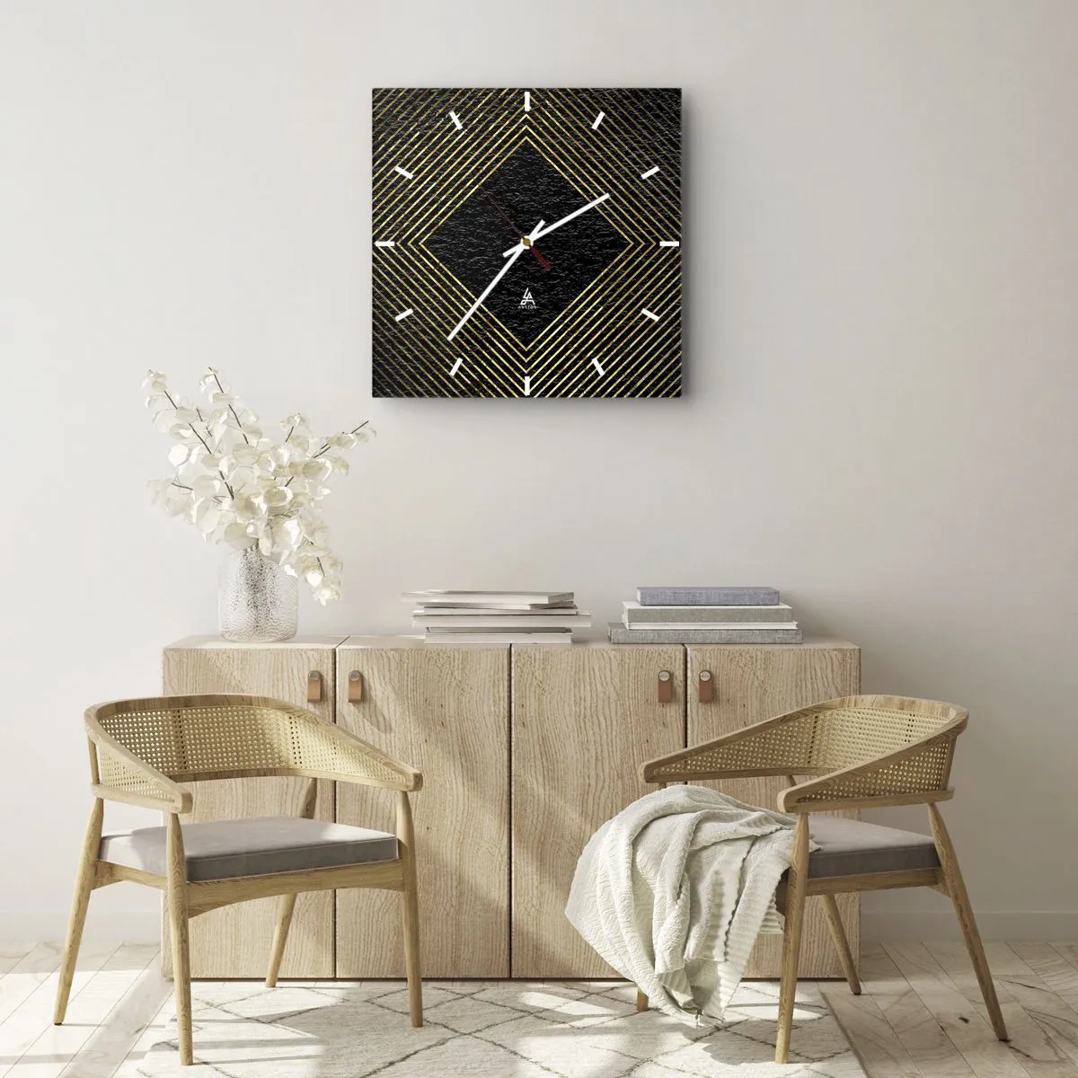 Ceas de perete - Ceas pe sticlă - Geometrie în stil glamour - 30x30 cm