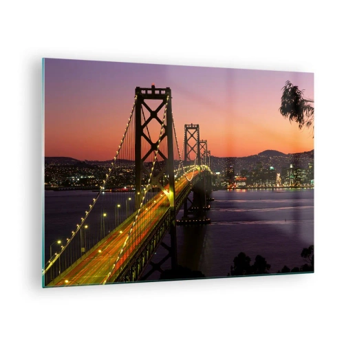 Tablou pe sticlă - Podul noaptea în oraș și lumina apusului - 70x50cm - O seară în mov - Decorațiune modernă pentru perete pentru living și dormitor ARTTOR