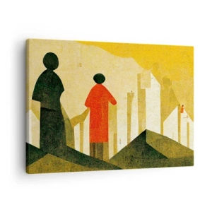 Tablou pe pânză Canvas - Siluete geometrice în roșu și verde pe un fundal galben - 70x50cm - Încă un drum lung de parcurs - Decorațiune modernă pentru perete pentru living și dormitor ARTTOR